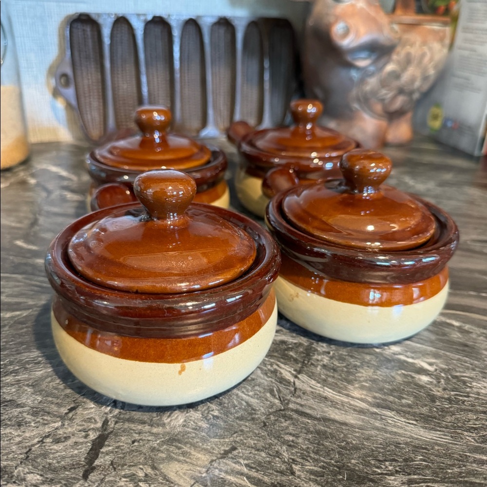 Set of 4 French Onion Lidded Soup Crocks • Vintage , Midcentury Modern
